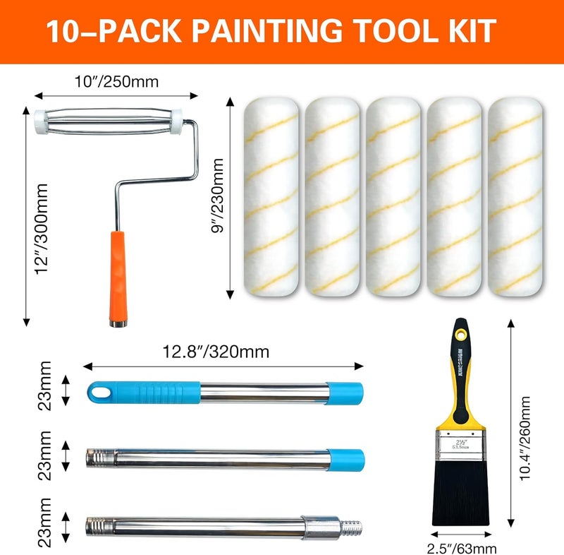 KingOrigin King Origin 10-Piece Paint Roller Kit with Extension Pole (5 ft), 9" Paint Roller Covers, Roller Frame, Paint Brush, House Paint Supplies for Painting Walls, Home Interior - Image 2
